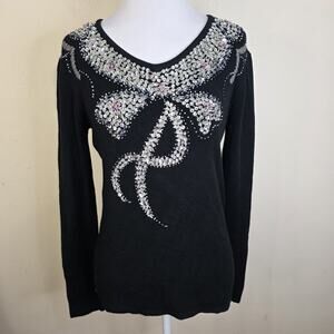 Envie Women's Black Beaded Silver Bow Sweater Size Medium Lightweight